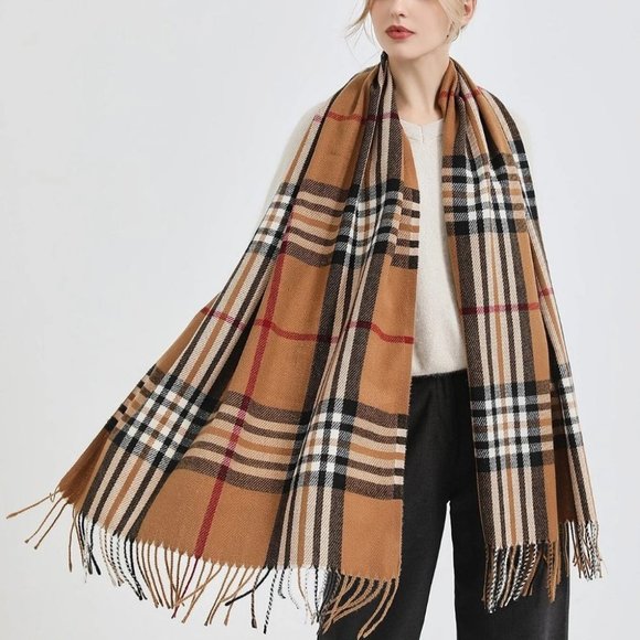 Preppy plaid print oversized Scarf tan - Picture 2 of 3